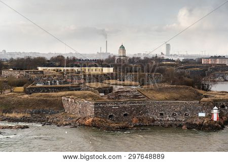 Suomenlinna Fortress Outside Helsinki On A Spring Day, With City In The Background And A Ferry, Finl