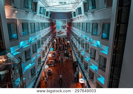 Editorial 03.25.2019 Helsinki Finland. The Promenade Deck Of Car Ferry Silja Serenade Of Silja Line 