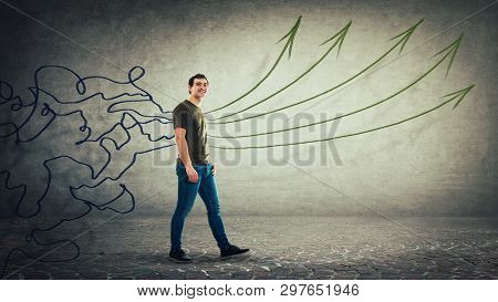 Concept Of Information Processing As A Confident Man Walks The Road While Mess Lines Come Through Hi