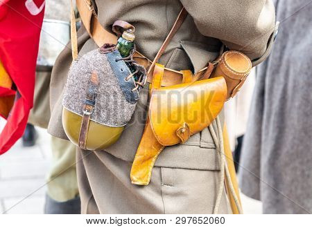 Vintage Leather Holster And Other Ammunition On The Belt. Retro Uniform Of Russian Army During Russi