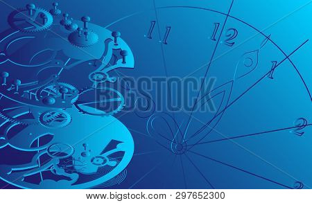 Clock Mechanism In Disassembled Form. Abstract Background From Details And Dial.