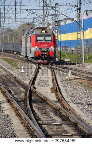 Locomotive On The Platform Pargolovo. Russian Railway. Russia, St. Petersburg, May 8, 2018
