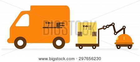 Vector Illustration With Robot Loader Loads Boxes Into A Truck. Automation Warehouse Processes. Smar