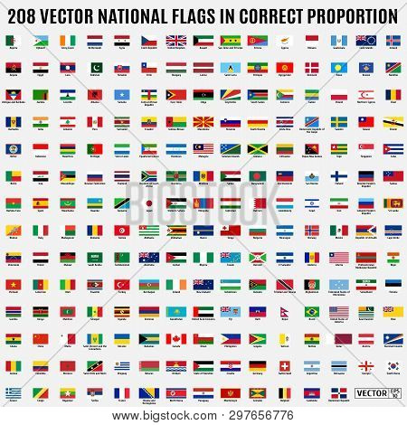 Vector Collection Of 208 National Flags With Detailed Emblems Of The World In Correct Proportion