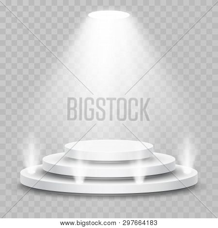 Round Stage Podium With Light. Stage Vector Backdrop. Festive Podium Scene For Award Ceremony. Vecto