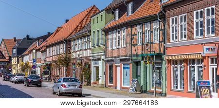 Boizenburg, Germany - April 16, 2019: Panorama Of A Colorful Shopping Street In Boizenburg, Germany