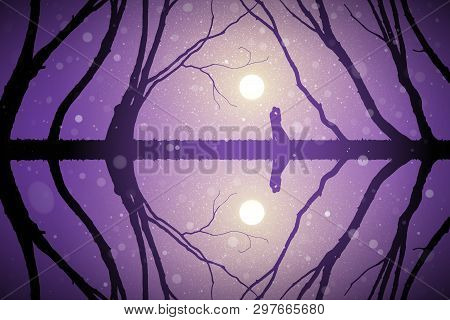 Lovers Among Trees At Sunrise. Vector Conceptual Illustration With Silhouette Of Loving Couple. Past