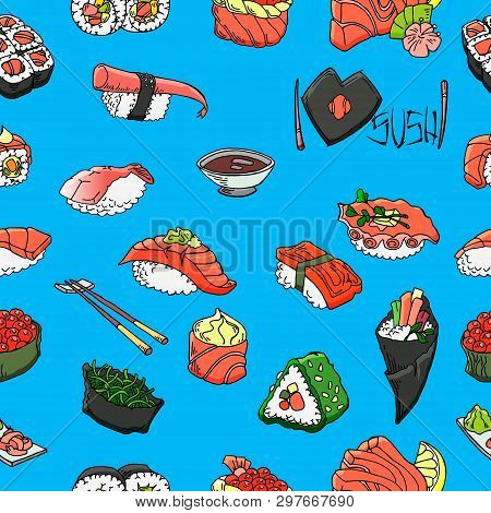 Sushi And Rolls Vector Seamless Pattern. Hand Drawn Graphics.