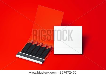 White Blank Matchbox With Matches On Red Background. 3d Rendering. Copy Space.