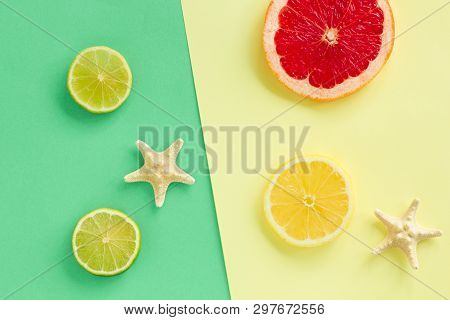 Fashion. Tropical Fresh Summer Set. Fashion Design. Fruit Citrus. Bright Color. Creative Art. Minima