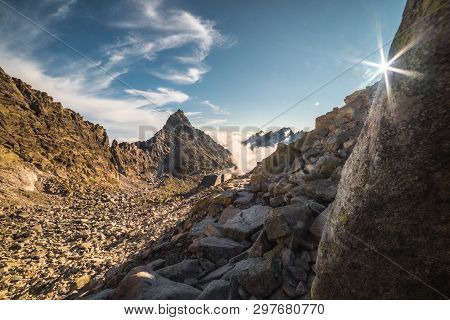 Foggy Mountains And Cottage Under Rysy Mountain As Seen From Sedlo Vaha, High Tatras, Slovakia