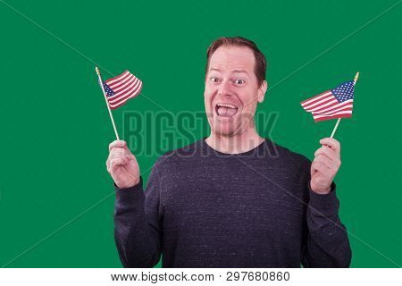Portrait Of Patriotic Adult Red Headed Man Waving Two American  Flags Excited Expression Photographe