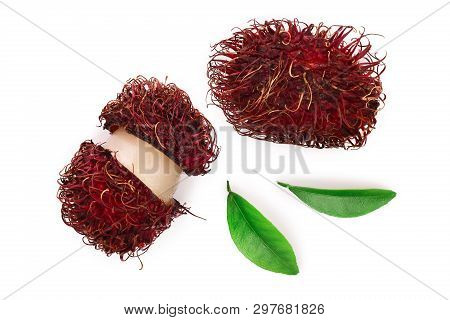 Rambutan With Leaves Isolated On White Background. Tropical Fruit. Nephelium Lappaceum. Top View. Fl