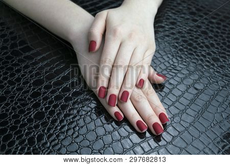 Stylish Fashionable Female Red Matte Manicure, Square Shape, On Black Background, Crocadile Skin