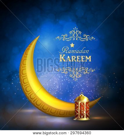 Ramadan Kareem Greetings With Colorful Golden Lantern Or Fanous With Golden Moon In A Dark Glowing B