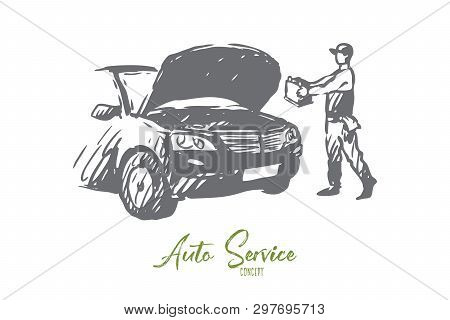 Auto, Disassembly, Repair, Service, Mechanic Concept. Hand Drawn Auto Mechanic Repair Auto Concept S