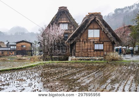 Gifu, Japan - April 10, 2019 : Shirakawago Japanese Historic Village In Gifu District With Raining T