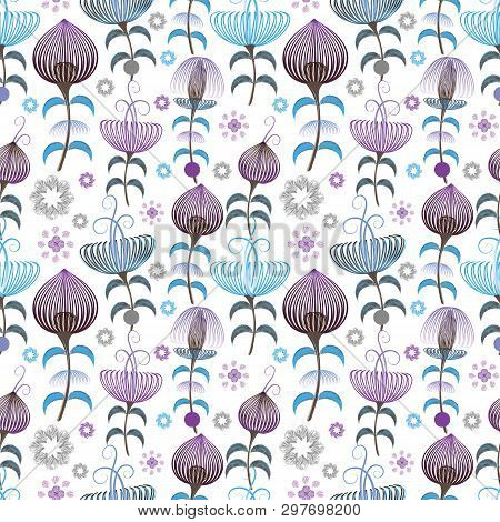 Vector Floral Seamless Pattern On White Background. Fairy Magic Garden. Stylized Flowers.