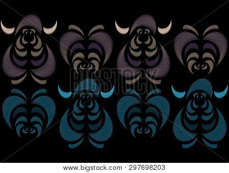 Stylized Animal Funny Seamless Pattern For Kids. Cyan And Brown Viking-dog And Apple With Worm. Vect