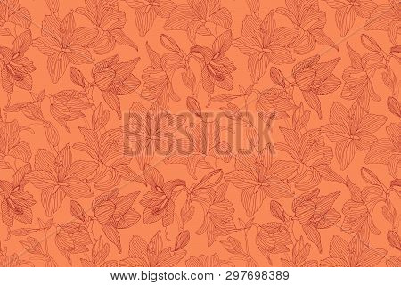 Vector Seamless Orange Pattern. Hippeastrum, Lily And Tragopogon.