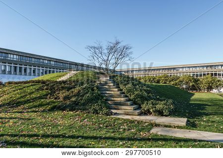Burnaby, Canada - November 17, 2018: Simon Fraser University Campus On Burnaby Mountain.