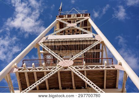 Tall Vintage Gold Mining Lift Tower Used In Australian Goldfields Of Yesteryear
