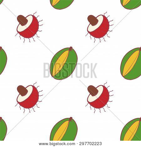 Fruit Mango And Rambutan Seamless Pattern, Great Design For Any Purposes. Hand Drawn Fabric Texture 