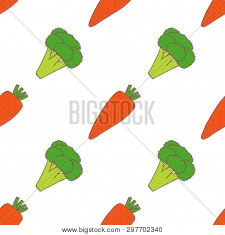 Carrot And Broccoli  Seamless Pattern For Wallpaper Design. Fresh Ripe Color Food. Organic Healthy V