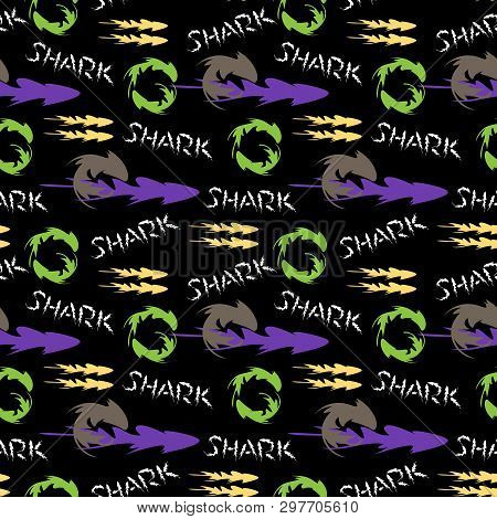 Vector Seamless Pattern On The Black Background With The Stylized Sharks.relevant Print For Kids And