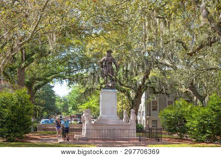 Savannah, Georgia, USA: April 11th 2019; James Oglethorpe Monument in Chippewa Square