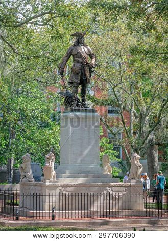 Savannah, Georgia, USA: April 11th 2019; James Oglethorpe Monument in Chippewa Square