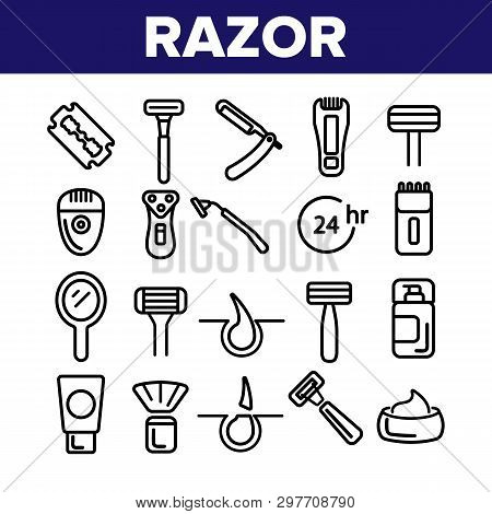 Razor, Shaving Accessories Vector Linear Icons Set. Razor, Male Hygiene Thin Line Illustrations Coll