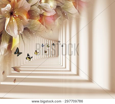 3d Background, Corridor, Shadow And Light, Butterflies, Flowers