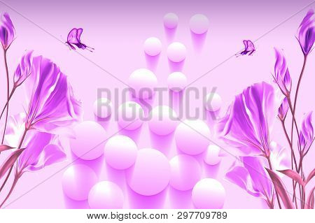 3d Illustration, Purple Background, Balls, Butterflies, Flowers