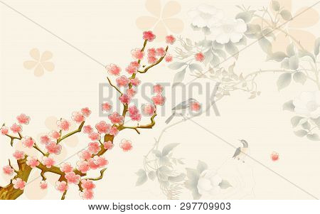Spring Background, Painted Cherry Blossoms And Birds