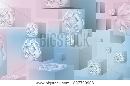 3d Blue And Pink Cube Background, Water Drops