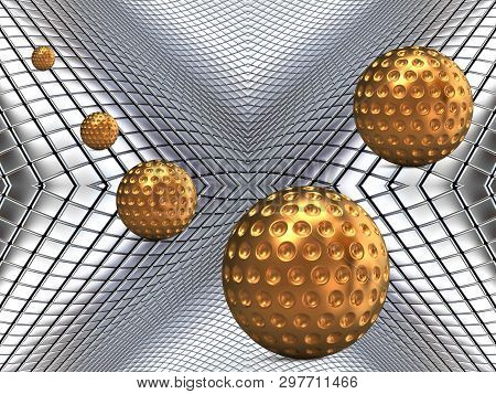 3d Illustration, Silver Metal Background, Golden Balls