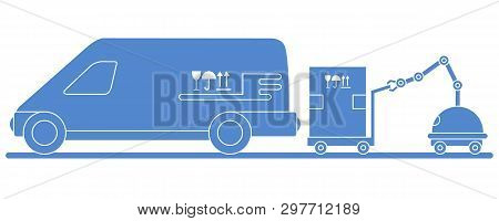 Vector Illustration With Robot Loader Loads Boxes Into A Car. Automation Warehouse Processes. Smart 