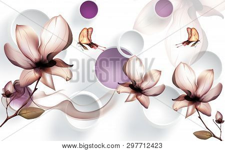3d Illustration, Beautiful White Background With Rings, Flowers And Butterflies