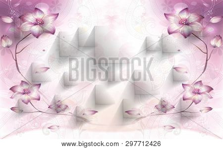 3d Illustration, White And Purple Background With Squares And Flowers