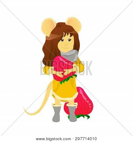 Isolated Cartoon Rat In A Yellow Dress And A Gray Scarf With Strawberry. Year Of The Rat. Chinese Ho