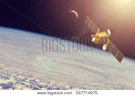 Space Communications Satellite In Orbit Around The Earth. Elements Of This Image Furnished By Nasa.