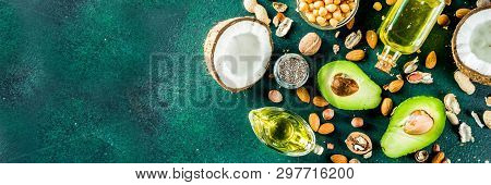 Healthy Vegan Fat Food Sources, Omega3, Omega6 Ingredients - Almond, Pecan, Hazelnuts, Walnuts, Oliv