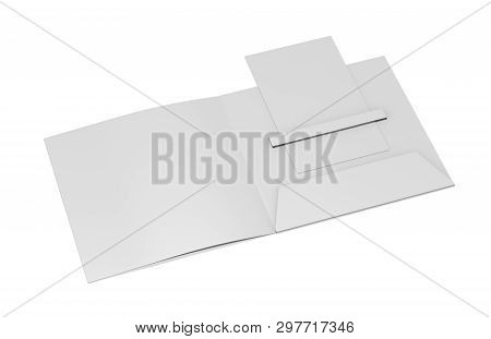 Blank White Plastic Card Mockup Inside Paper Booklet Holder, Mock Up Template On Isolated White Back
