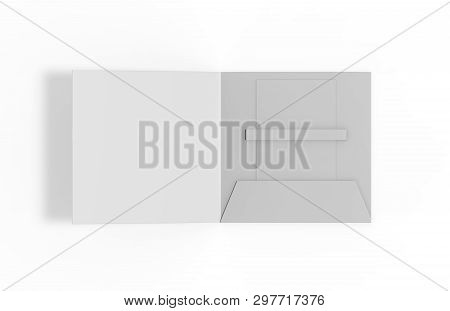 Blank White Plastic Card Mockup Inside Paper Booklet Holder, Mock Up Template On Isolated White Back