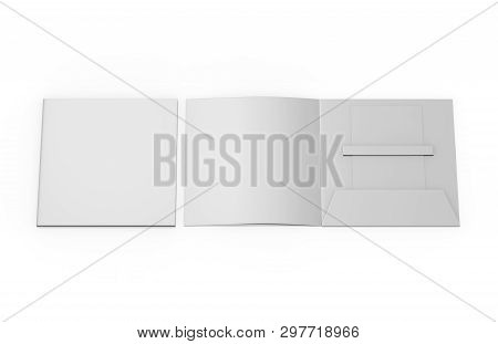 Blank White Plastic Card Mockup Inside Paper Booklet Holder, Mock Up Template On Isolated White Back