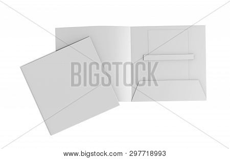 Blank White Plastic Card Mockup Inside Paper Booklet Holder, Mock Up Template On Isolated White Back