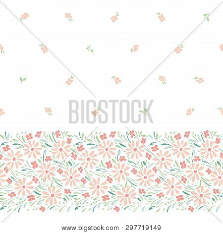 Pastel Colored Hand-painted Daisies On White Background Horizontal Vector Seamless Border. Delicate 