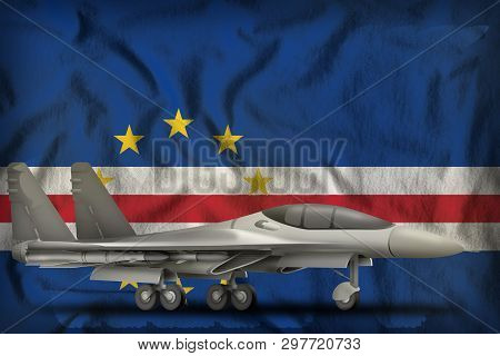 Fighter, Interceptor On The Cabo Verde Flag Background. 3d Illustration