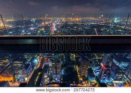 Glass Floor Of High Building Transparent See True To Building Below In Night Time